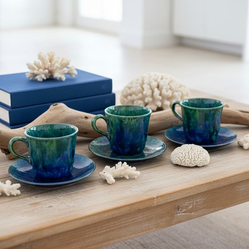 Stangl Mediterranean Art Pottery Cups Saucers Set 3-Blue Green-Coffee-MidCentury